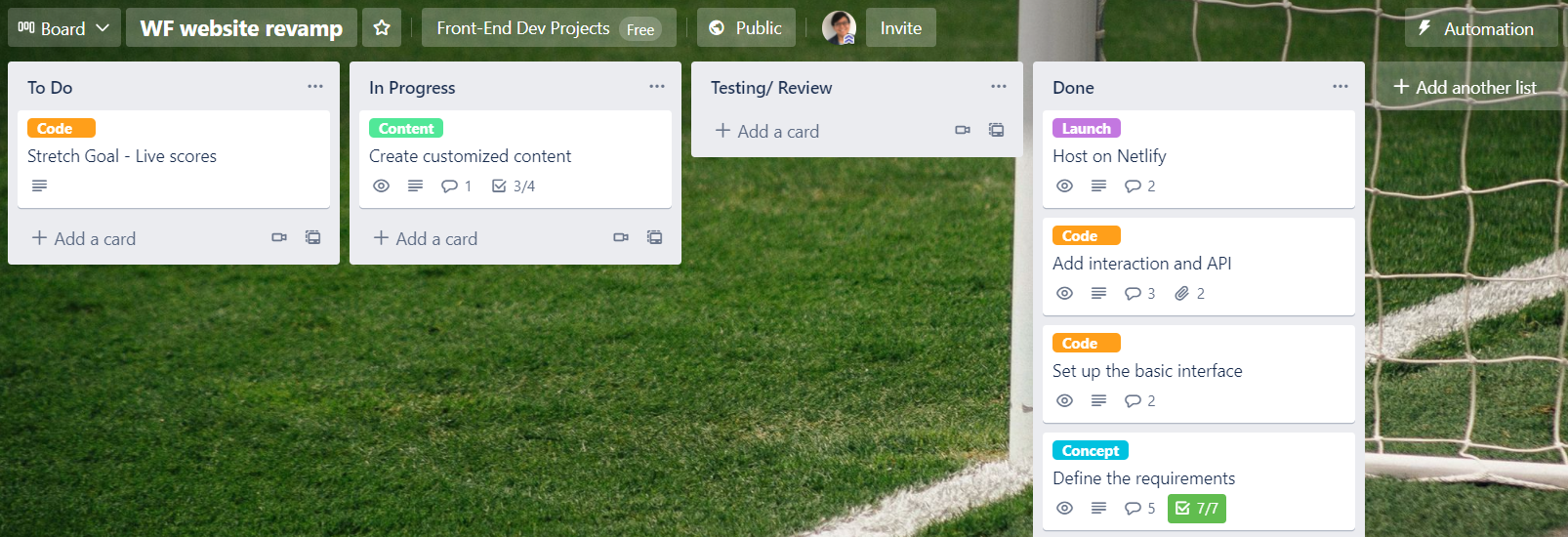 Womens Football trello board snap